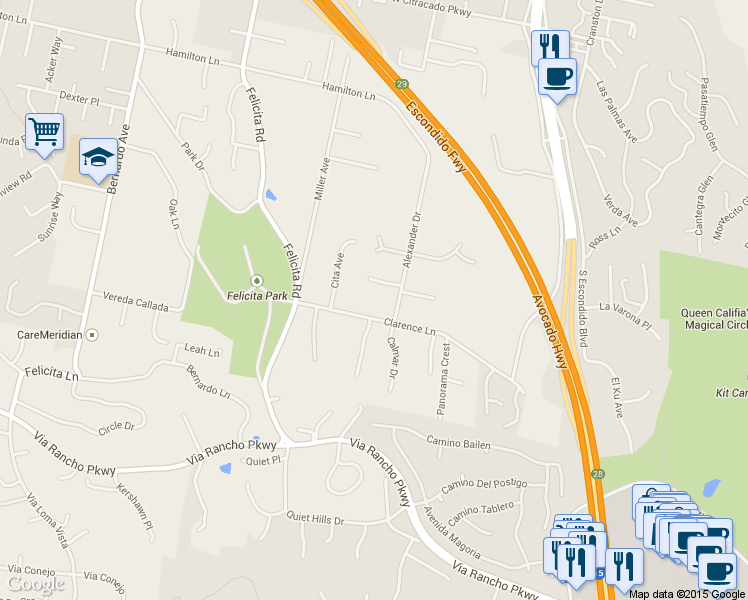 map of restaurants, bars, coffee shops, grocery stores, and more near 536 Clarence Lane in Escondido
