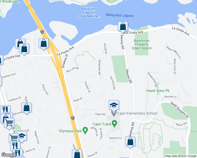 map of restaurants, bars, coffee shops, grocery stores, and more near 1714 Burgundy Road in Encinitas
