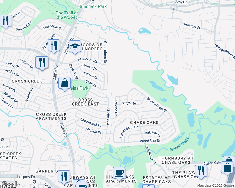 map of restaurants, bars, coffee shops, grocery stores, and more near 757 Nicklaus Drive in Plano