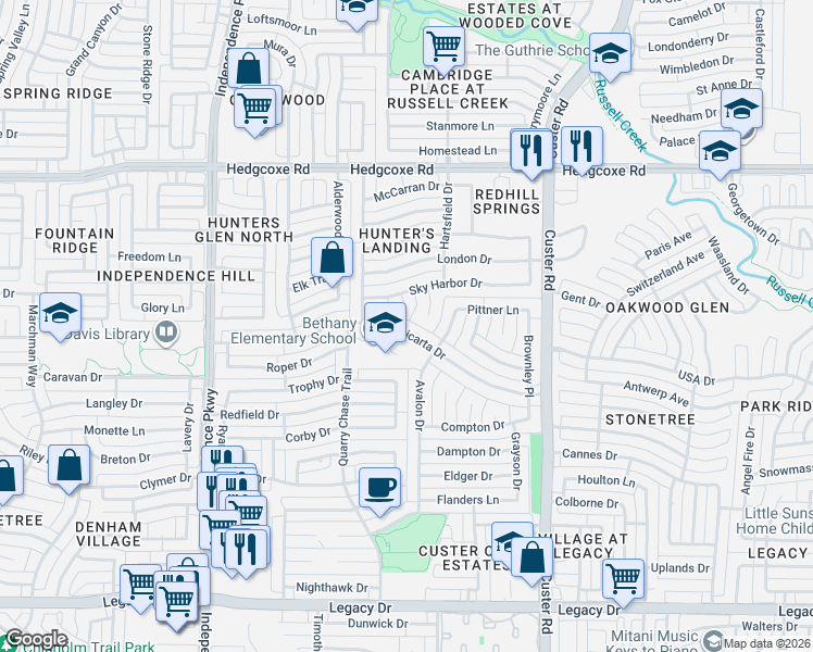 map of restaurants, bars, coffee shops, grocery stores, and more near 2425 Micarta Drive in Plano