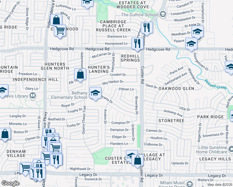 map of restaurants, bars, coffee shops, grocery stores, and more near 7616 Avalon Drive in Plano