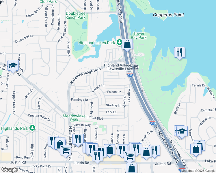 map of restaurants, bars, coffee shops, grocery stores, and more near 1332 Bogard Lane in Lewisville
