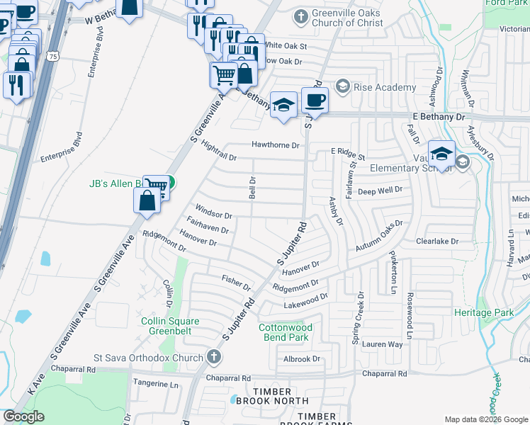 map of restaurants, bars, coffee shops, grocery stores, and more near 549 Windsor Drive in Allen