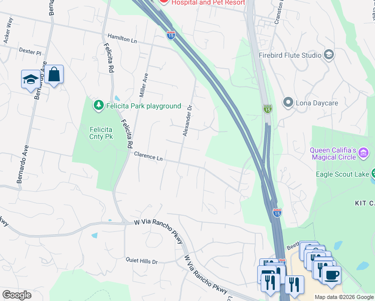 map of restaurants, bars, coffee shops, grocery stores, and more near 2724 Alexander Drive in Escondido