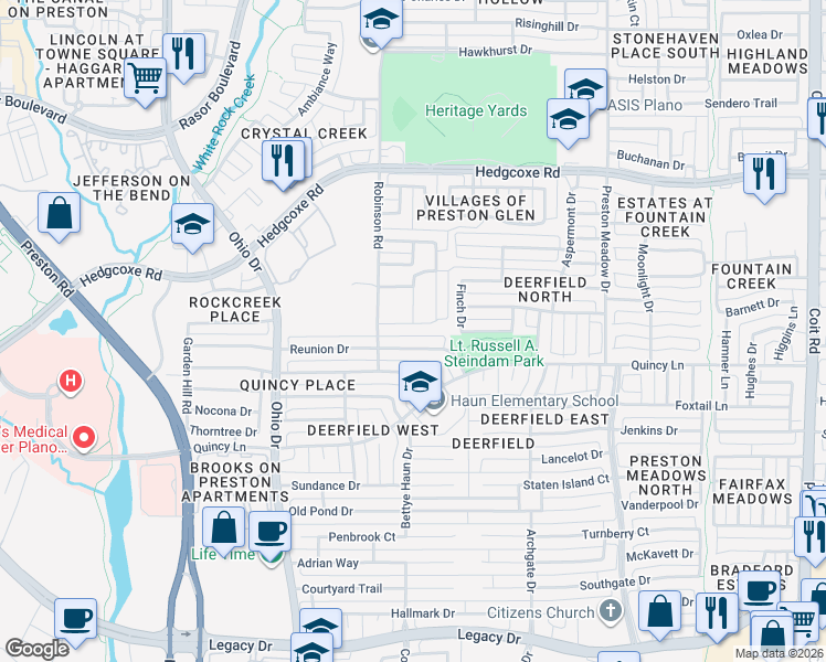 map of restaurants, bars, coffee shops, grocery stores, and more near 4536 Parkridge Drive in Plano