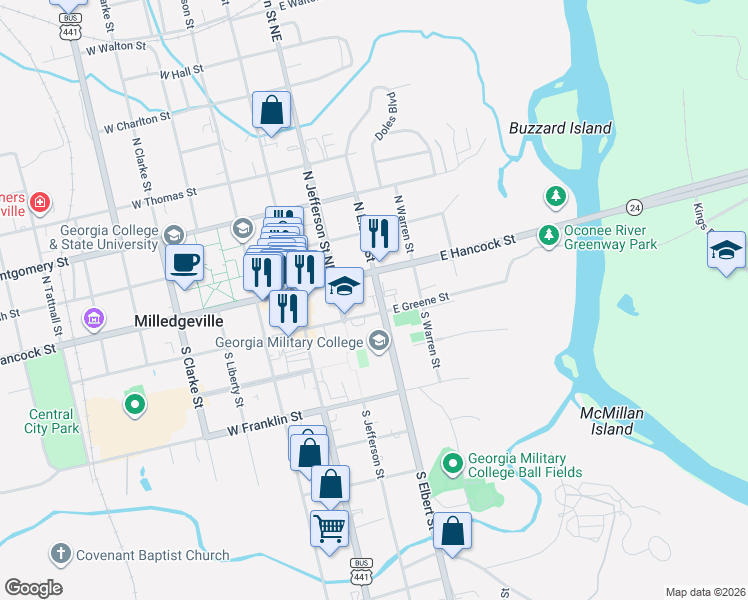 map of restaurants, bars, coffee shops, grocery stores, and more near 300 E Greene St in Milledgeville