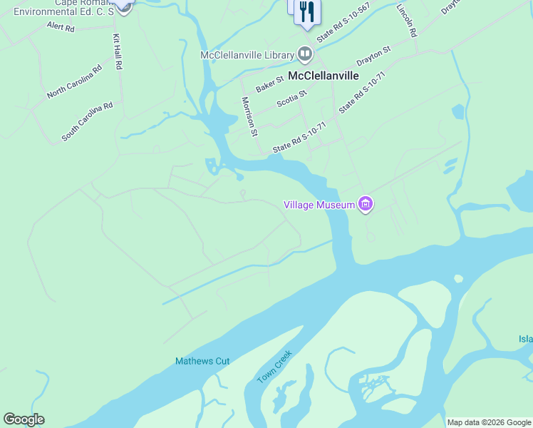 map of restaurants, bars, coffee shops, grocery stores, and more near 536 Romain Road in McClellanville
