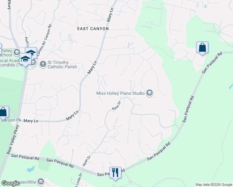 map of restaurants, bars, coffee shops, grocery stores, and more near 3131 Ryan Drive in Escondido