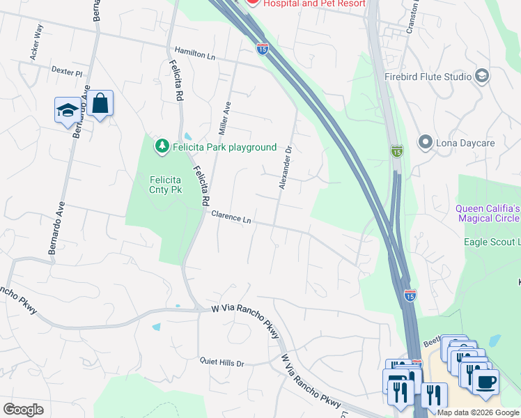 map of restaurants, bars, coffee shops, grocery stores, and more near 536 Clarence Lane in Escondido