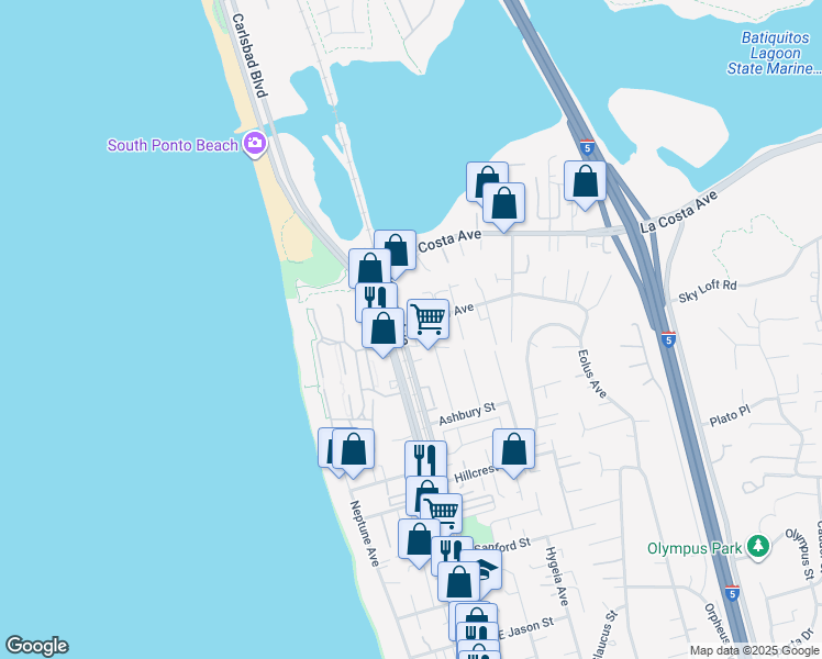 map of restaurants, bars, coffee shops, grocery stores, and more near in Encinitas