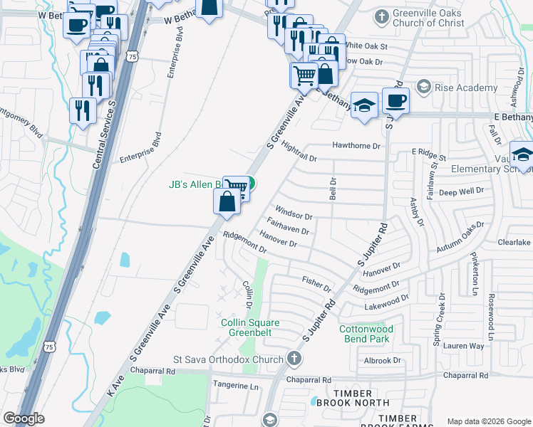 map of restaurants, bars, coffee shops, grocery stores, and more near 510 Windsor Drive in Allen