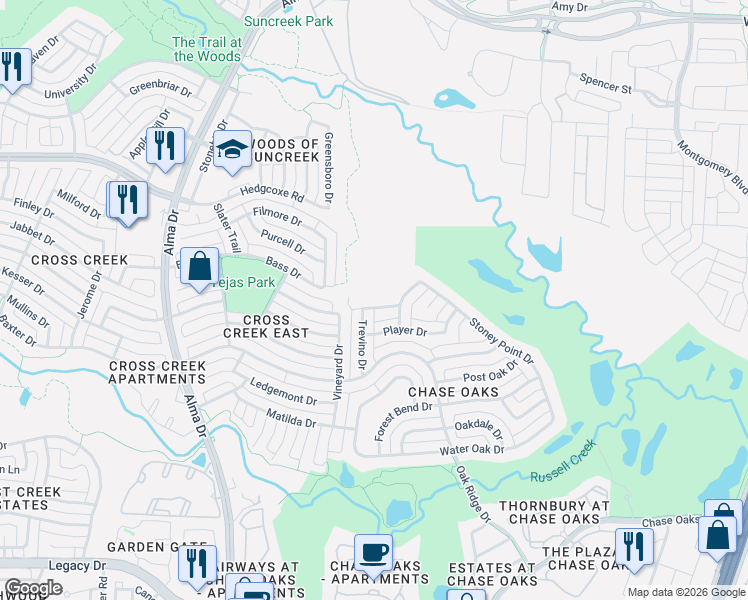 map of restaurants, bars, coffee shops, grocery stores, and more near 757 Nicklaus Drive in Plano