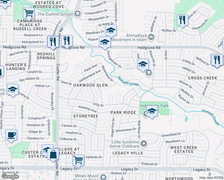 map of restaurants, bars, coffee shops, grocery stores, and more near 7613 Hove Court in Plano
