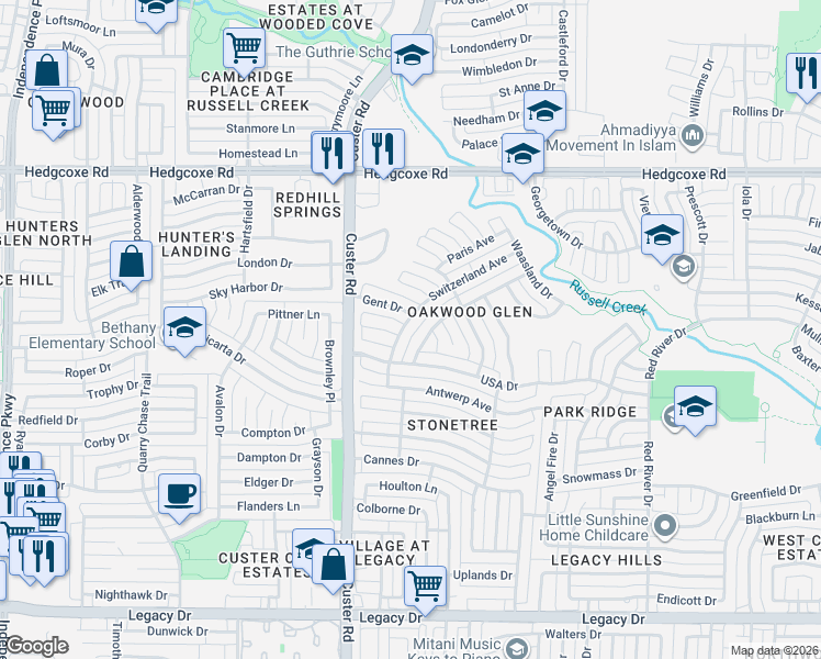 map of restaurants, bars, coffee shops, grocery stores, and more near 2105 Merksem Court in Plano