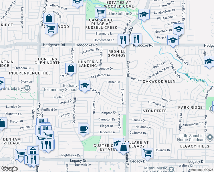 map of restaurants, bars, coffee shops, grocery stores, and more near 7617 Tensley Drive in Plano