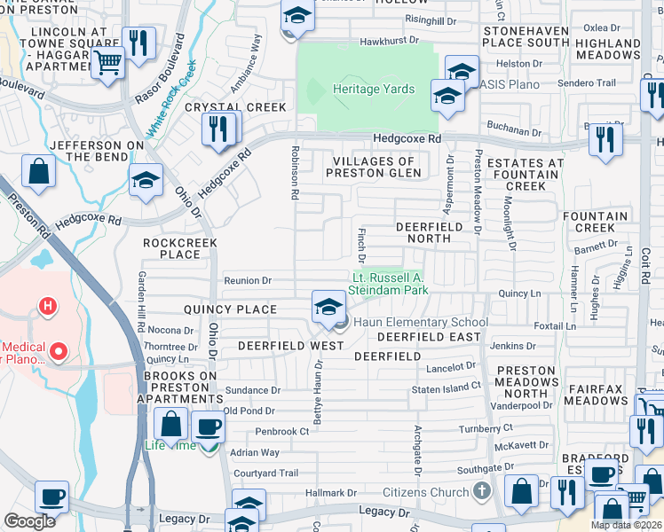 map of restaurants, bars, coffee shops, grocery stores, and more near 4536 Parkridge Drive in Plano