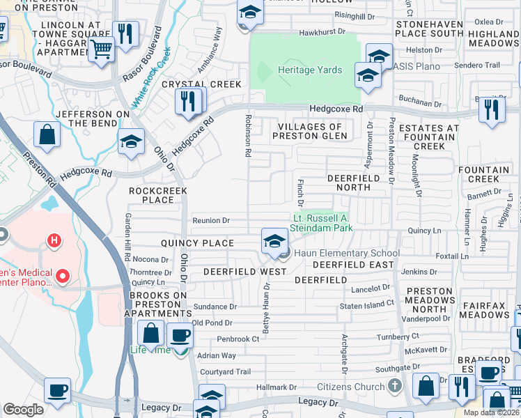 map of restaurants, bars, coffee shops, grocery stores, and more near 4536 Parkridge Drive in Plano