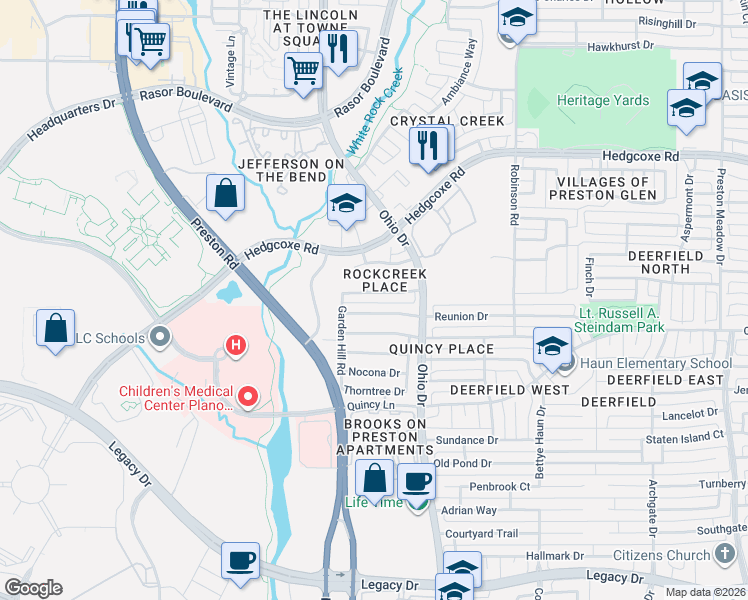 map of restaurants, bars, coffee shops, grocery stores, and more near 4900 Ridgedale Drive in Plano