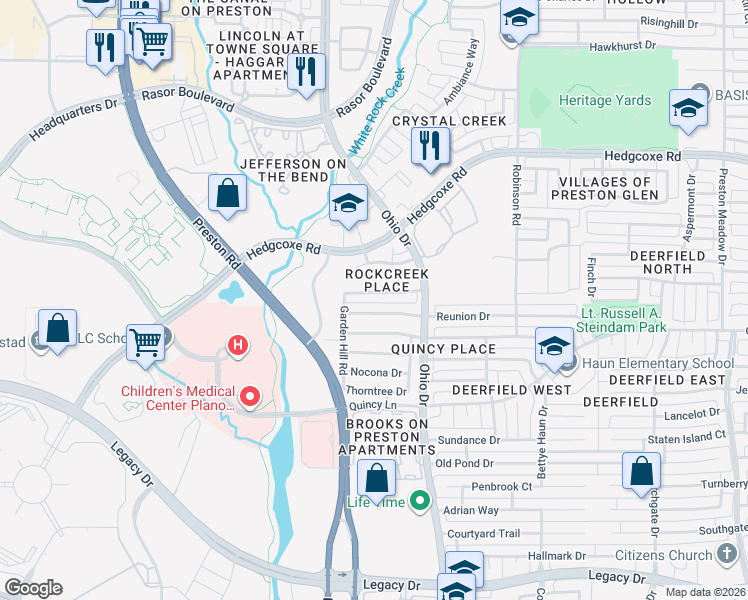map of restaurants, bars, coffee shops, grocery stores, and more near 4900 Ridgedale Drive in Plano