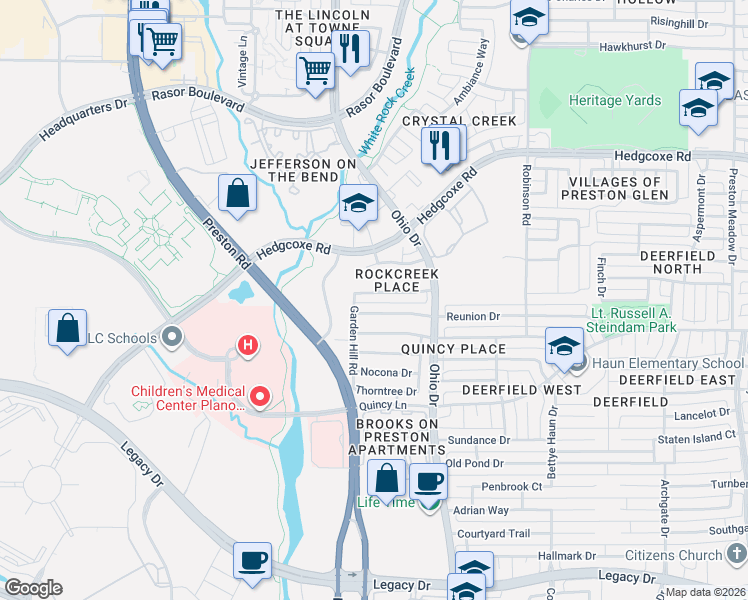 map of restaurants, bars, coffee shops, grocery stores, and more near 4900 Ridgedale Drive in Plano