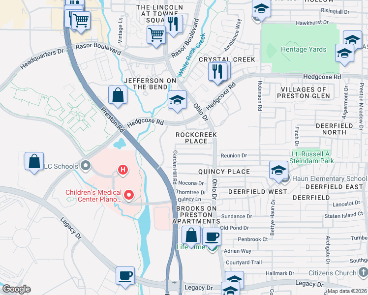 map of restaurants, bars, coffee shops, grocery stores, and more near 4900 Ridgedale Drive in Plano