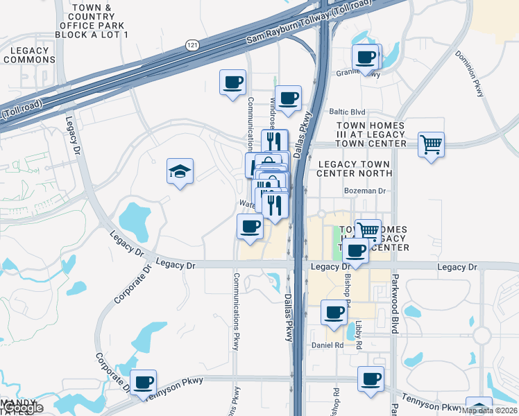 map of restaurants, bars, coffee shops, grocery stores, and more near 5908 Headquarters Drive in Plano