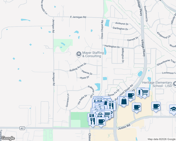 map of restaurants, bars, coffee shops, grocery stores, and more near 835 Hawse Drive in Lewisville