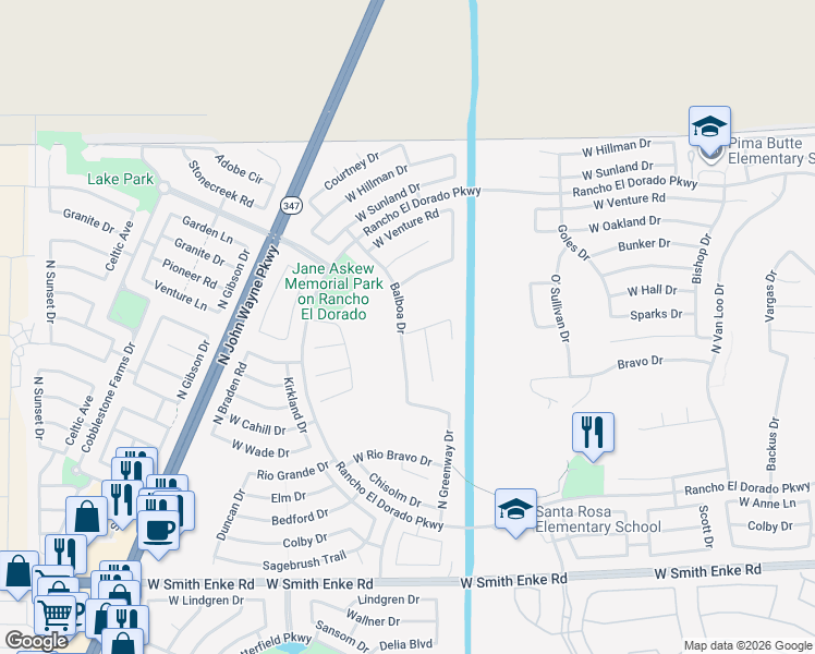 map of restaurants, bars, coffee shops, grocery stores, and more near 22154 Balboa Drive in Maricopa