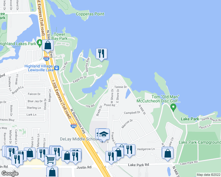 map of restaurants, bars, coffee shops, grocery stores, and more near 101 West Shore Drive in Lewisville