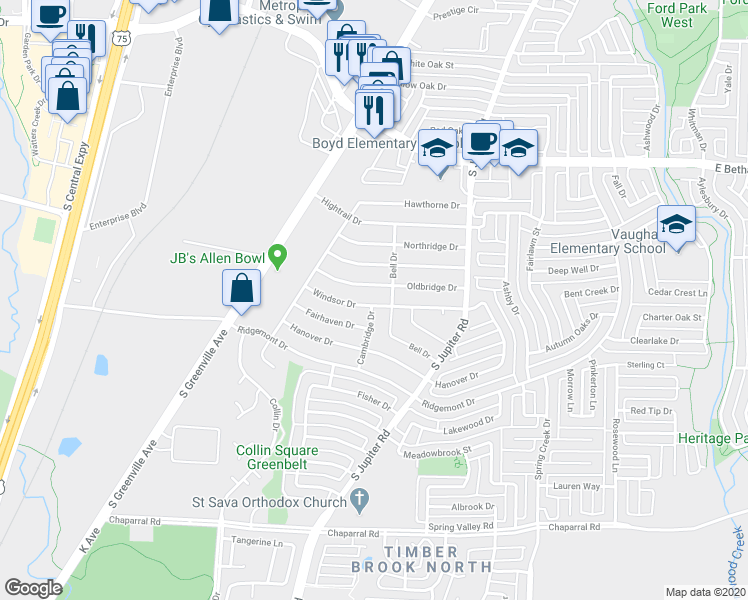 map of restaurants, bars, coffee shops, grocery stores, and more near 535 Windsor Drive in Allen