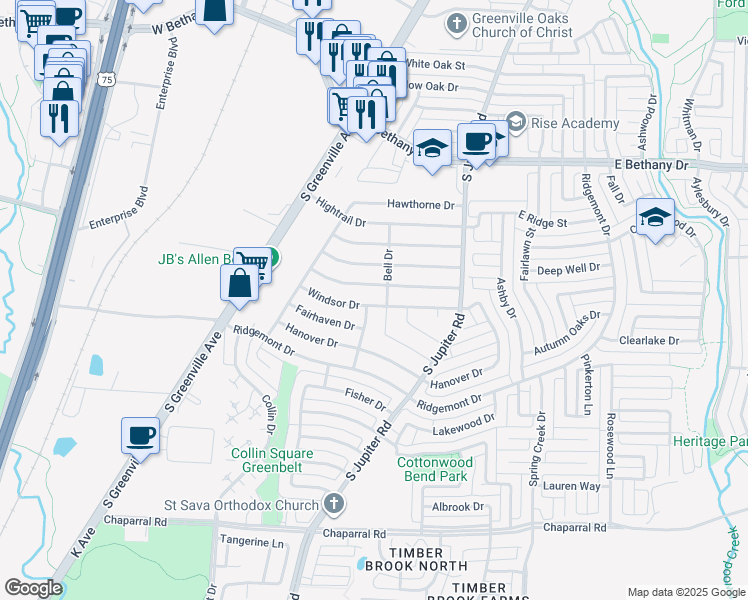 map of restaurants, bars, coffee shops, grocery stores, and more near 535 Windsor Drive in Allen