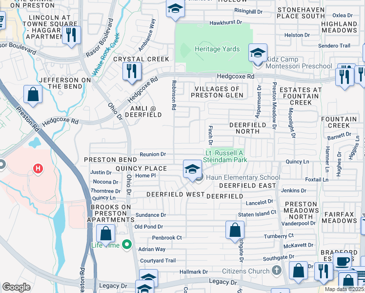 map of restaurants, bars, coffee shops, grocery stores, and more near 4536 Parkridge Drive in Plano