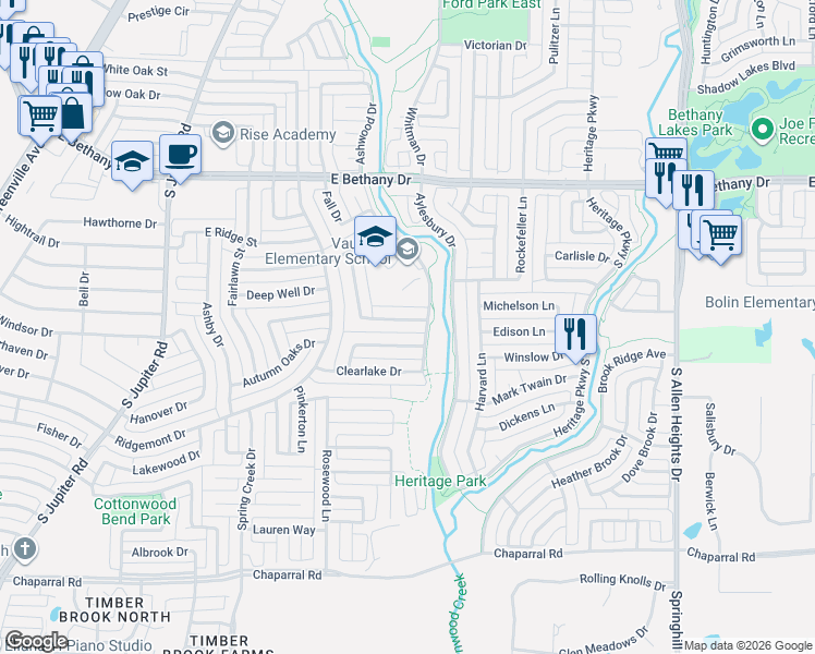 map of restaurants, bars, coffee shops, grocery stores, and more near 826 Cedar Crest Lane in Allen