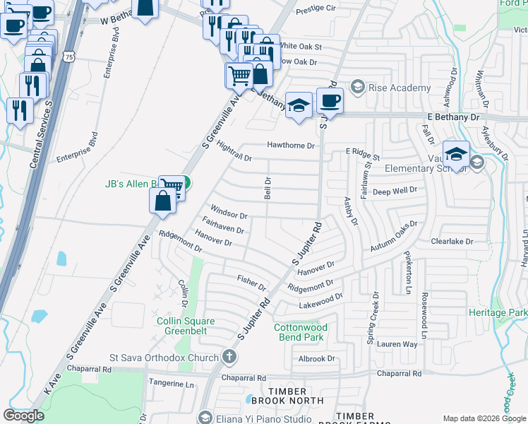 map of restaurants, bars, coffee shops, grocery stores, and more near 535 Windsor Drive in Allen