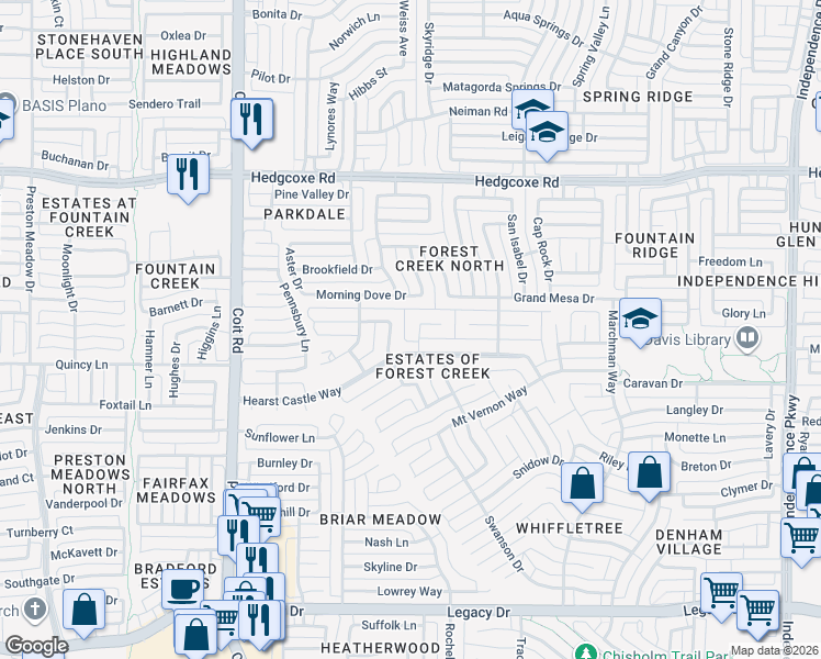 map of restaurants, bars, coffee shops, grocery stores, and more near 7609 Twelve Oaks Circle in Plano