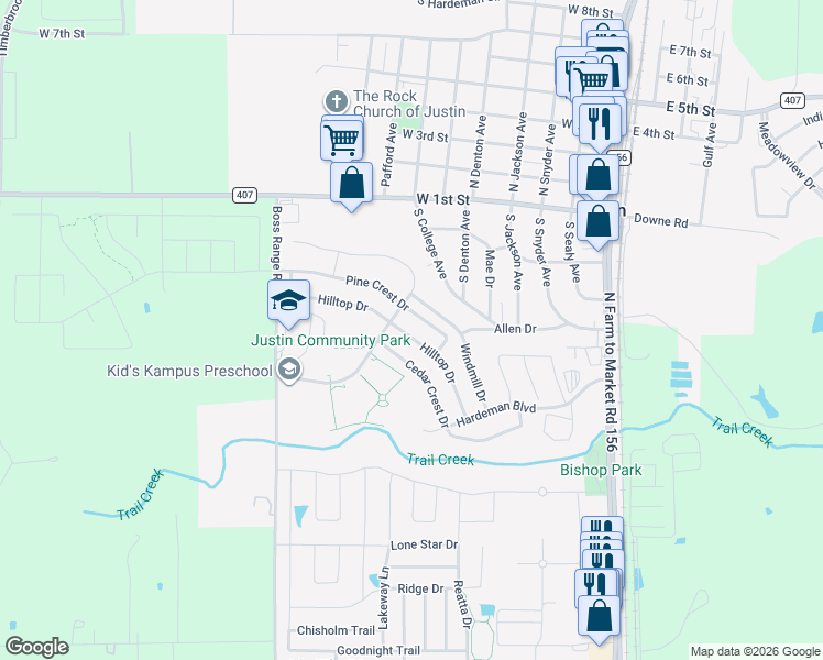 map of restaurants, bars, coffee shops, grocery stores, and more near 246 Hilltop Dr in Justin