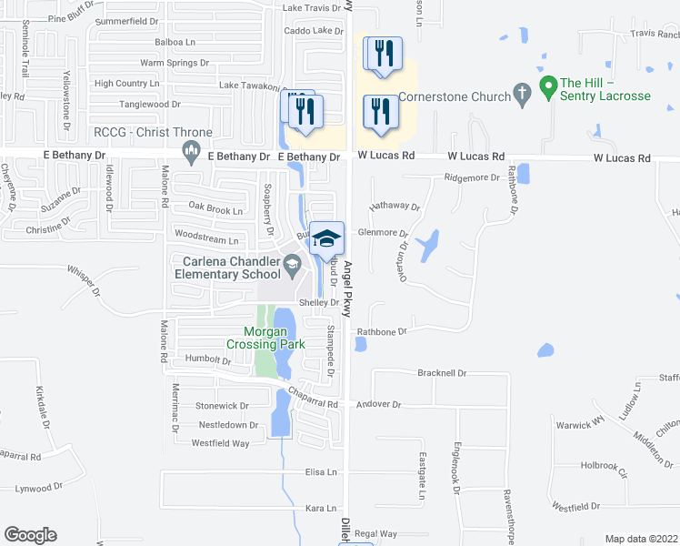 map of restaurants, bars, coffee shops, grocery stores, and more near 1003 Redbud Drive in Allen