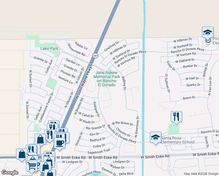 map of restaurants, bars, coffee shops, grocery stores, and more near 22087 Lakeside Drive in Maricopa