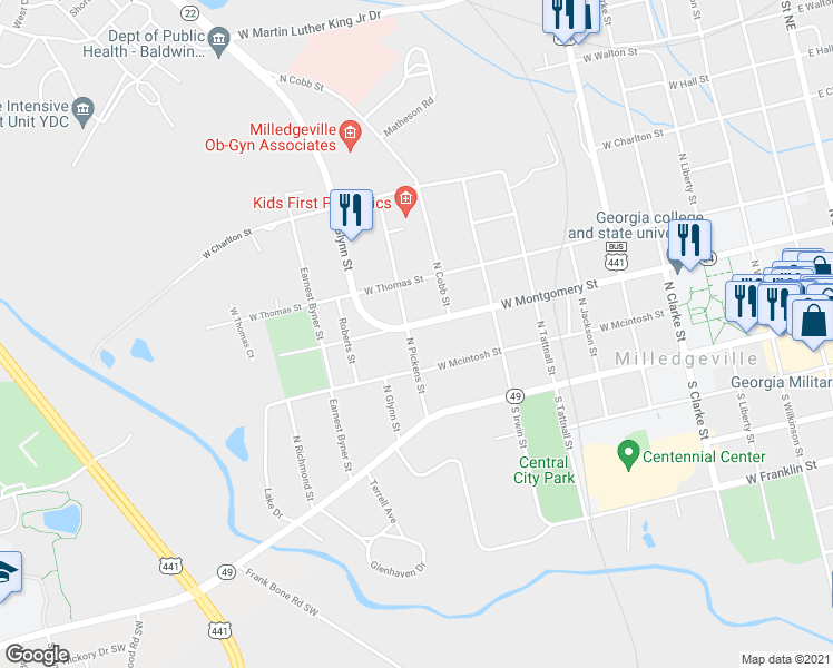 map of restaurants, bars, coffee shops, grocery stores, and more near 940 West Montgomery Street in Milledgeville