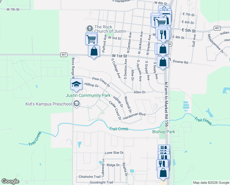 map of restaurants, bars, coffee shops, grocery stores, and more near 246 Hilltop Drive in Justin