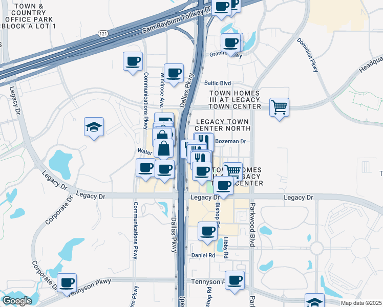 map of restaurants, bars, coffee shops, grocery stores, and more near 7500 Dallas Parkway in Plano