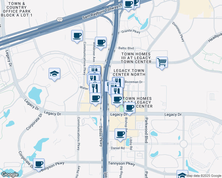 map of restaurants, bars, coffee shops, grocery stores, and more near 7500 Dallas Parkway in Plano