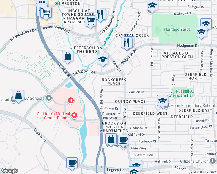 map of restaurants, bars, coffee shops, grocery stores, and more near 4900 Ridgedale Drive in Plano