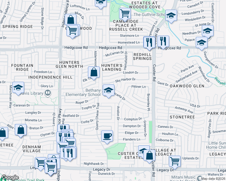 map of restaurants, bars, coffee shops, grocery stores, and more near 2425 Micarta Drive in Plano