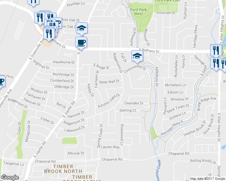 map of restaurants, bars, coffee shops, grocery stores, and more near 726 Bent Creek Drive in Allen