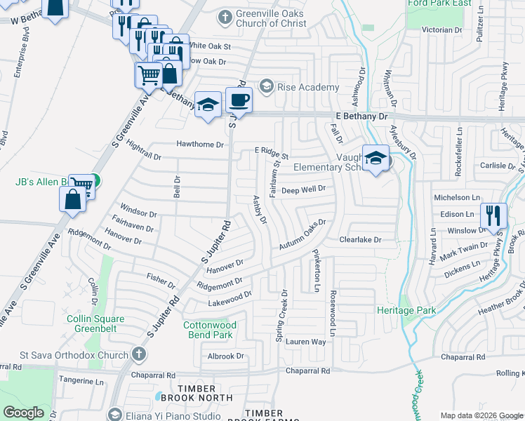 map of restaurants, bars, coffee shops, grocery stores, and more near 1005 Ashby Drive in Allen