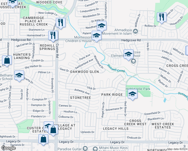 map of restaurants, bars, coffee shops, grocery stores, and more near 7600 England Drive in Plano