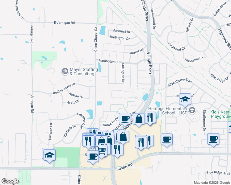 map of restaurants, bars, coffee shops, grocery stores, and more near 5015 Manchester Road in Highland Village