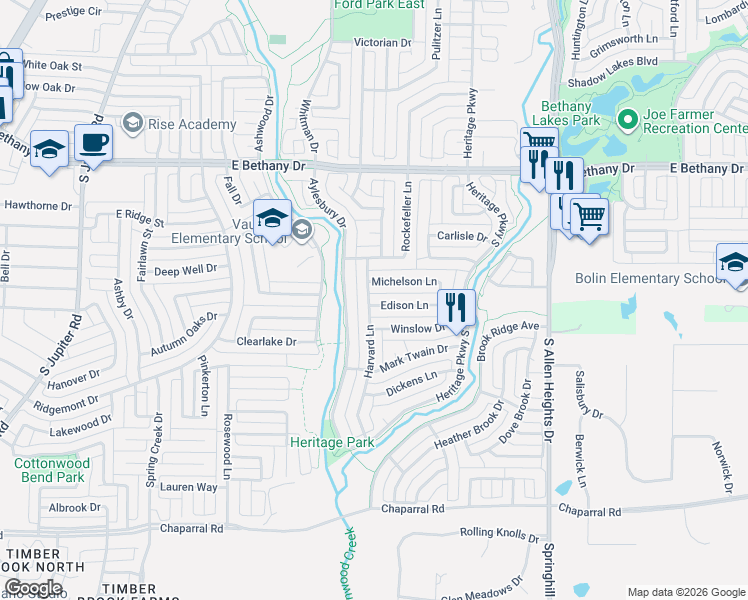 map of restaurants, bars, coffee shops, grocery stores, and more near 1001 Edison Lane in Allen