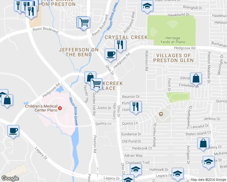 map of restaurants, bars, coffee shops, grocery stores, and more near 4716 Ridgedale Drive in Plano